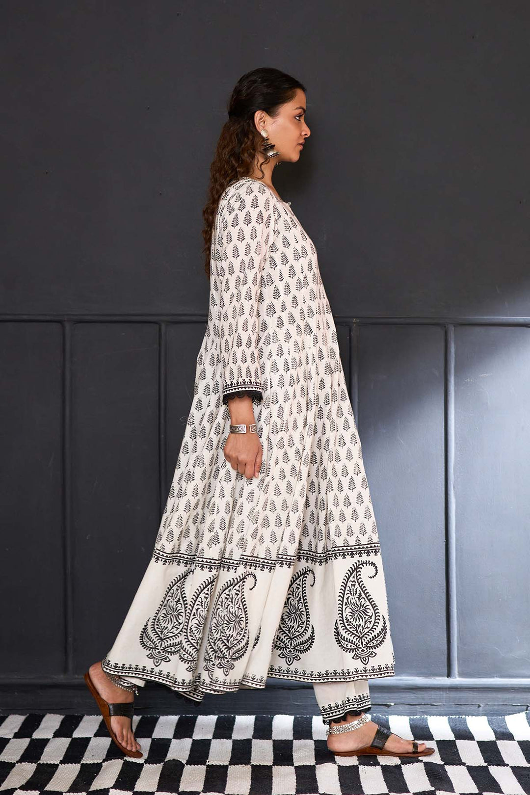 Siyahi off white block printed anarkali with solid palazzo and printed dupatta ( set of 3 )