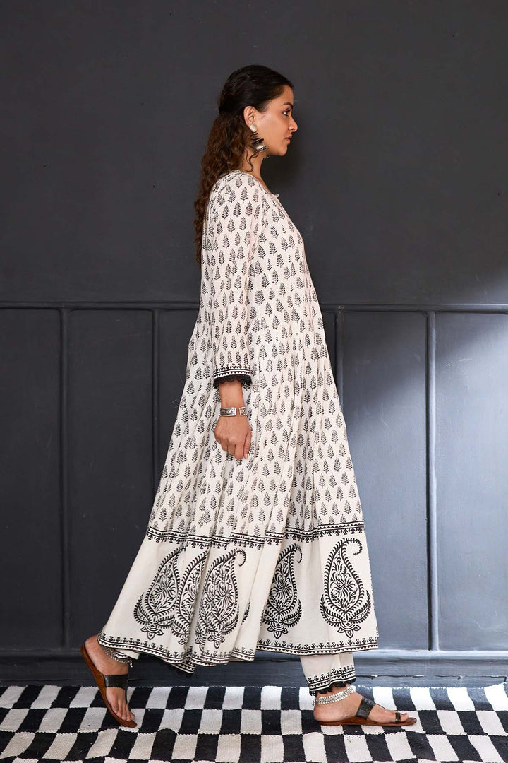 Siyahi off white block printed anarkali with solid palazzo and printed dupatta ( set of 3 )