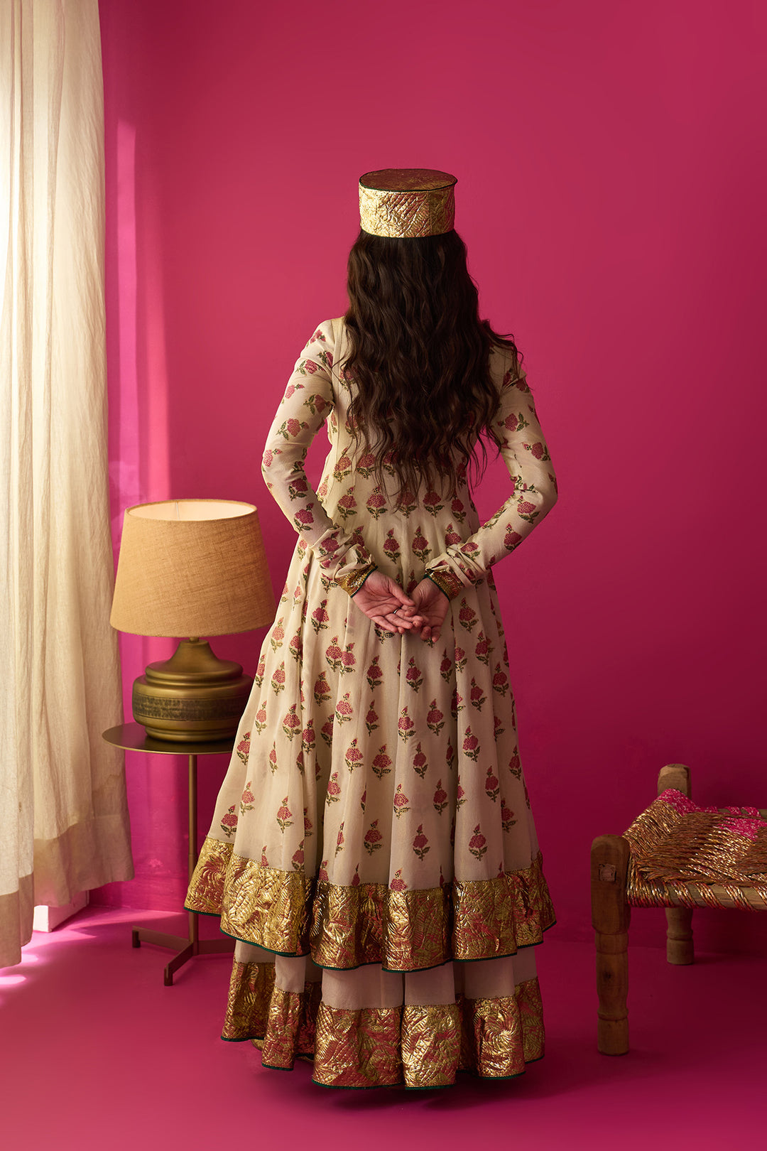 Nur Ivory block printed angrakha with sharara and dupatta (set of 3)