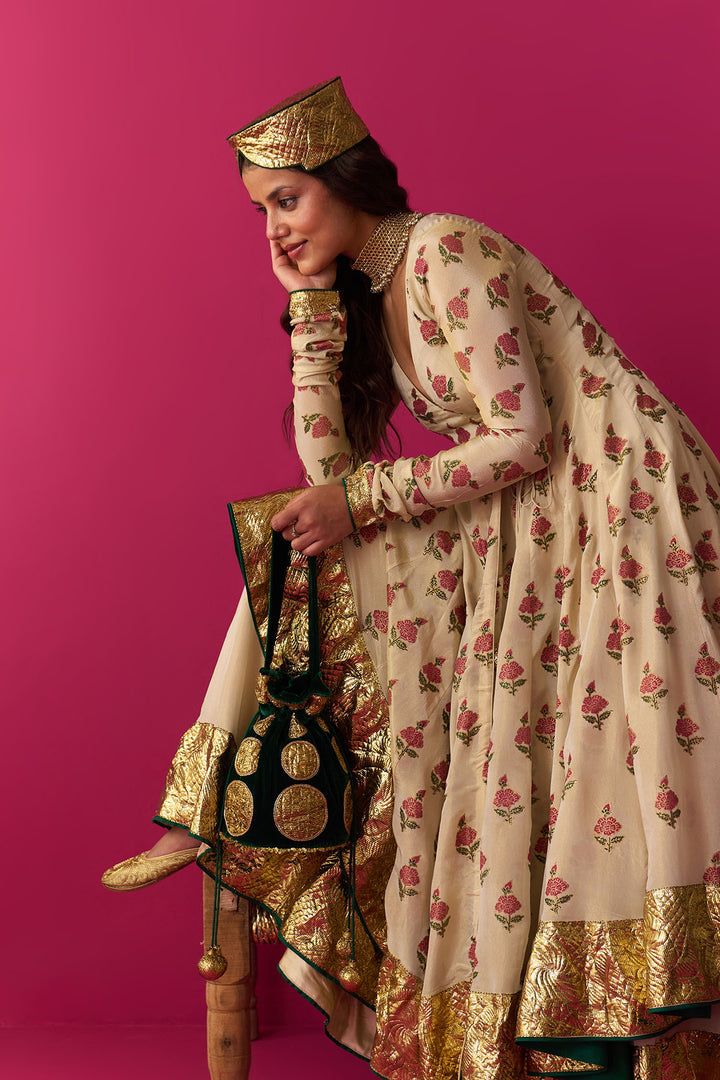 Nur Ivory block printed angrakha with sharara and dupatta (set of 3)