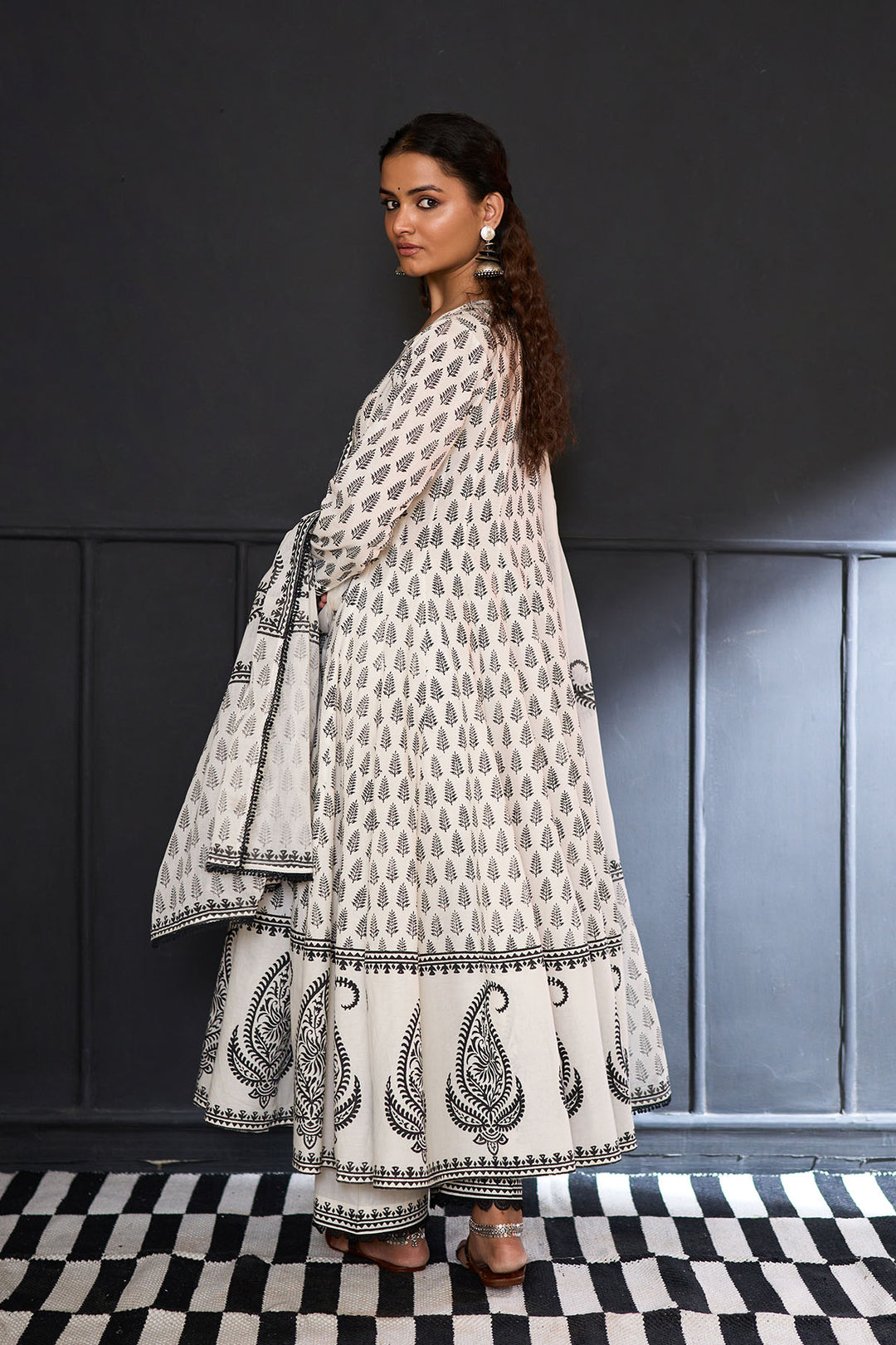Siyahi off white block printed anarkali with solid palazzo and printed dupatta ( set of 3 )