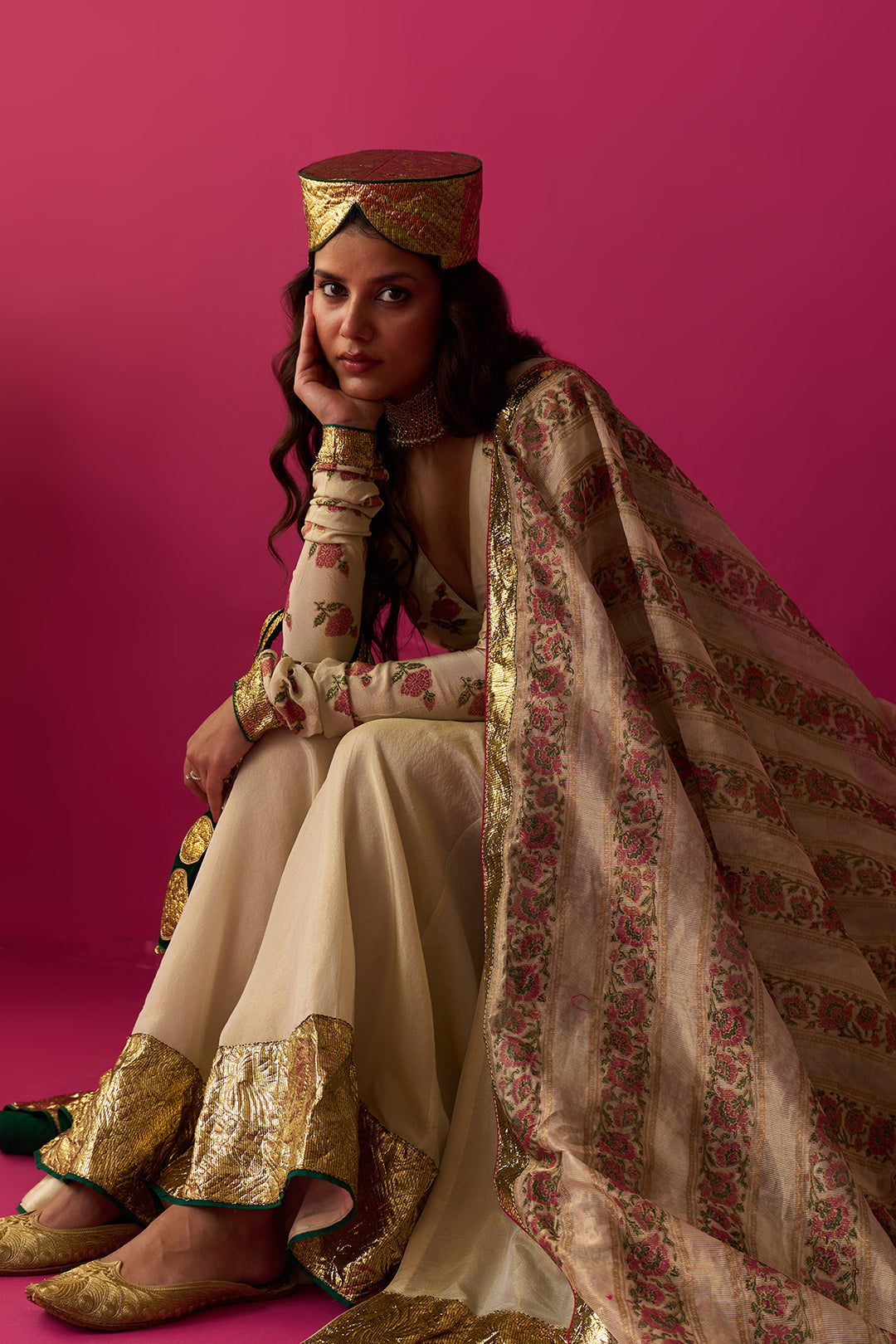 Nur Ivory block printed angrakha with sharara and dupatta (set of 3)