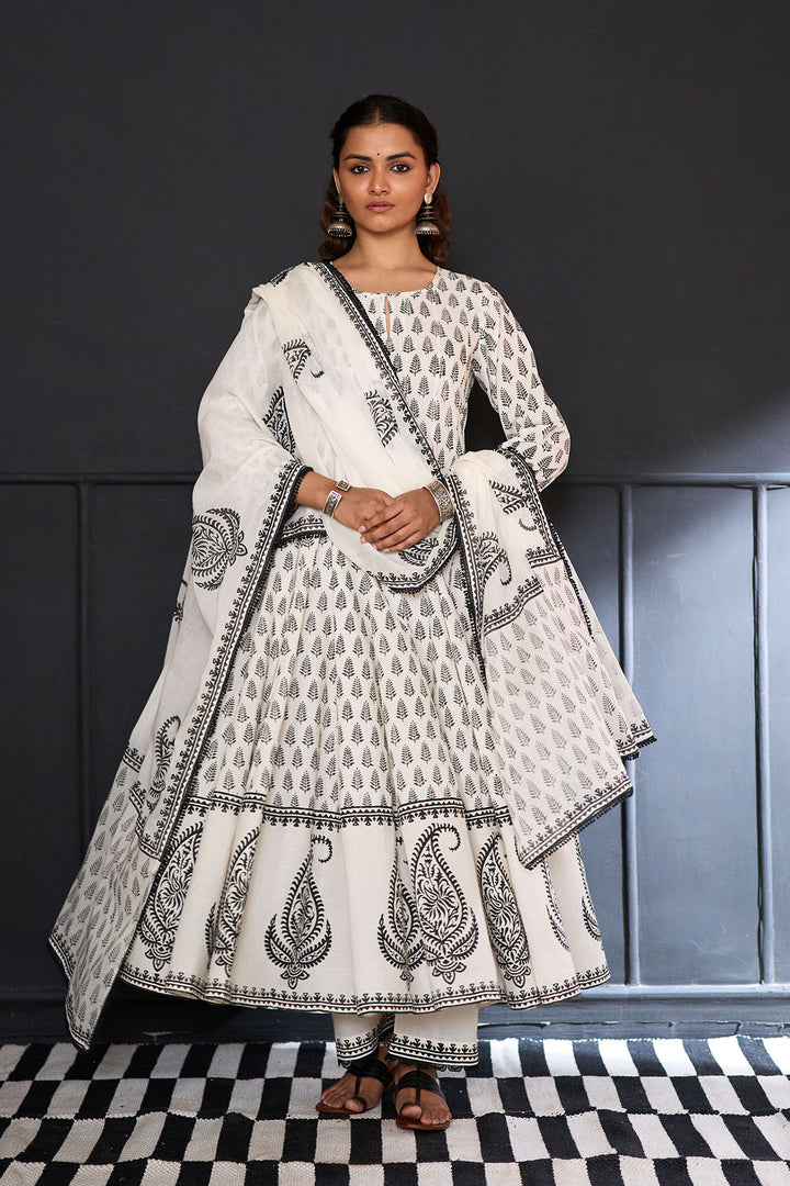 Siyahi off white block printed anarkali with solid palazzo and printed dupatta ( set of 3 )