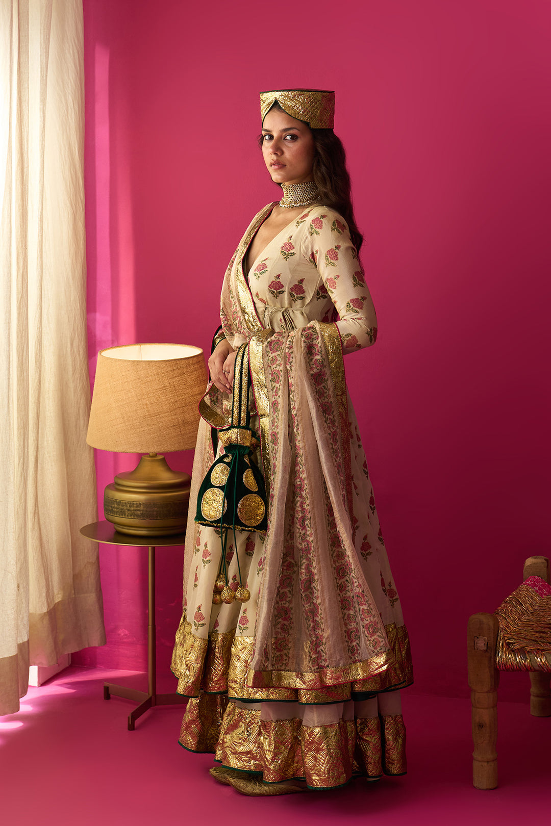 Nur Ivory block printed angrakha with sharara and dupatta (set of 3)