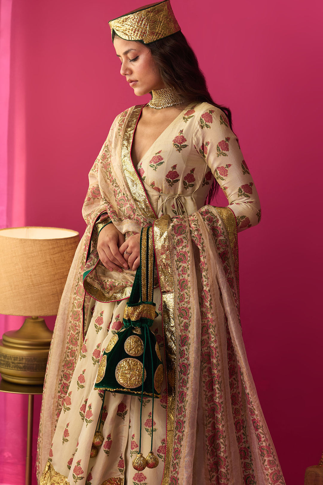 Nur Ivory block printed angrakha with sharara and dupatta (set of 3)