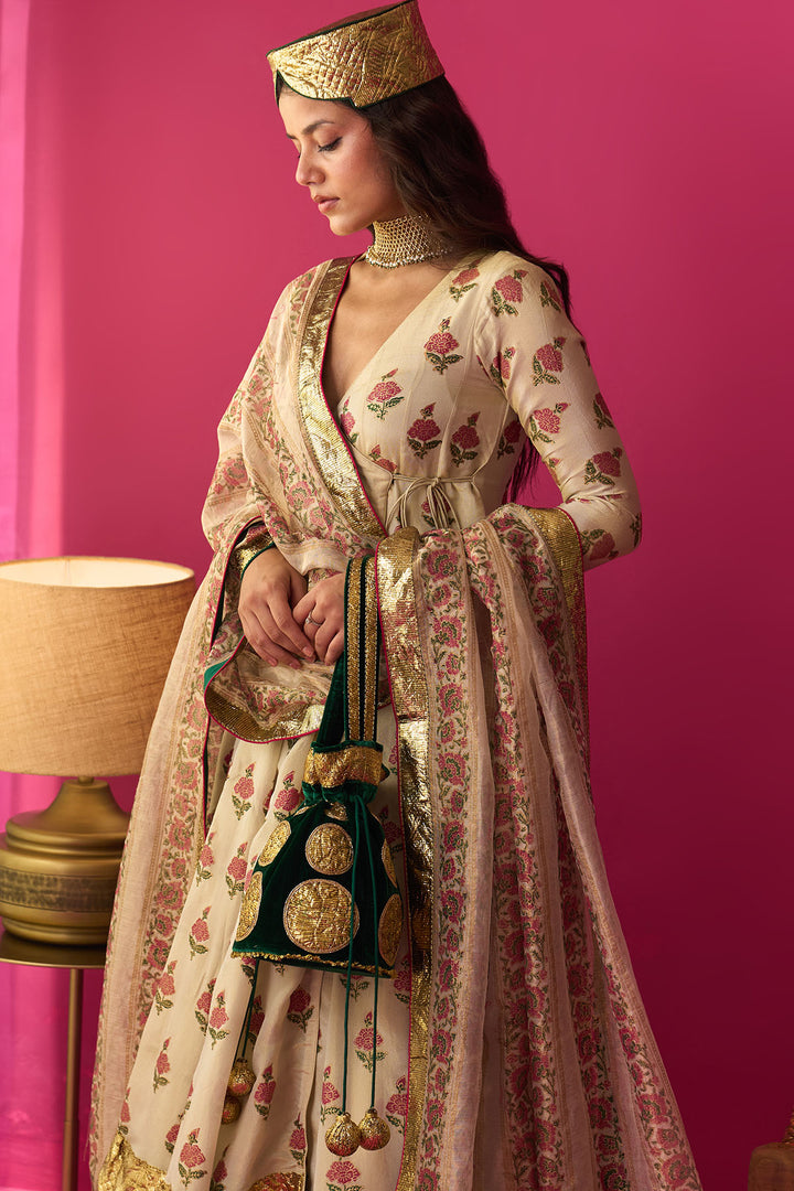 Nur Ivory block printed angrakha with sharara and dupatta (set of 3)