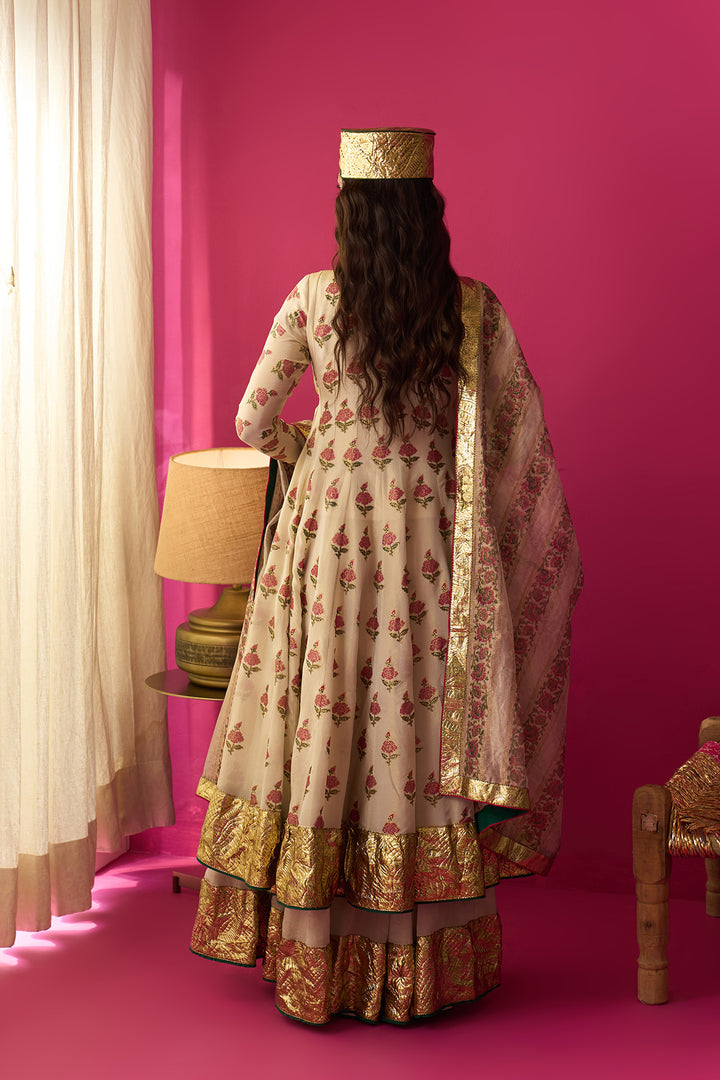 Nur Ivory block printed angrakha with sharara and dupatta (set of 3)