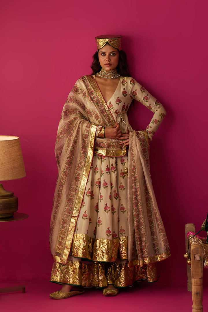 Nur Ivory block printed angrakha with sharara and dupatta (set of 3)