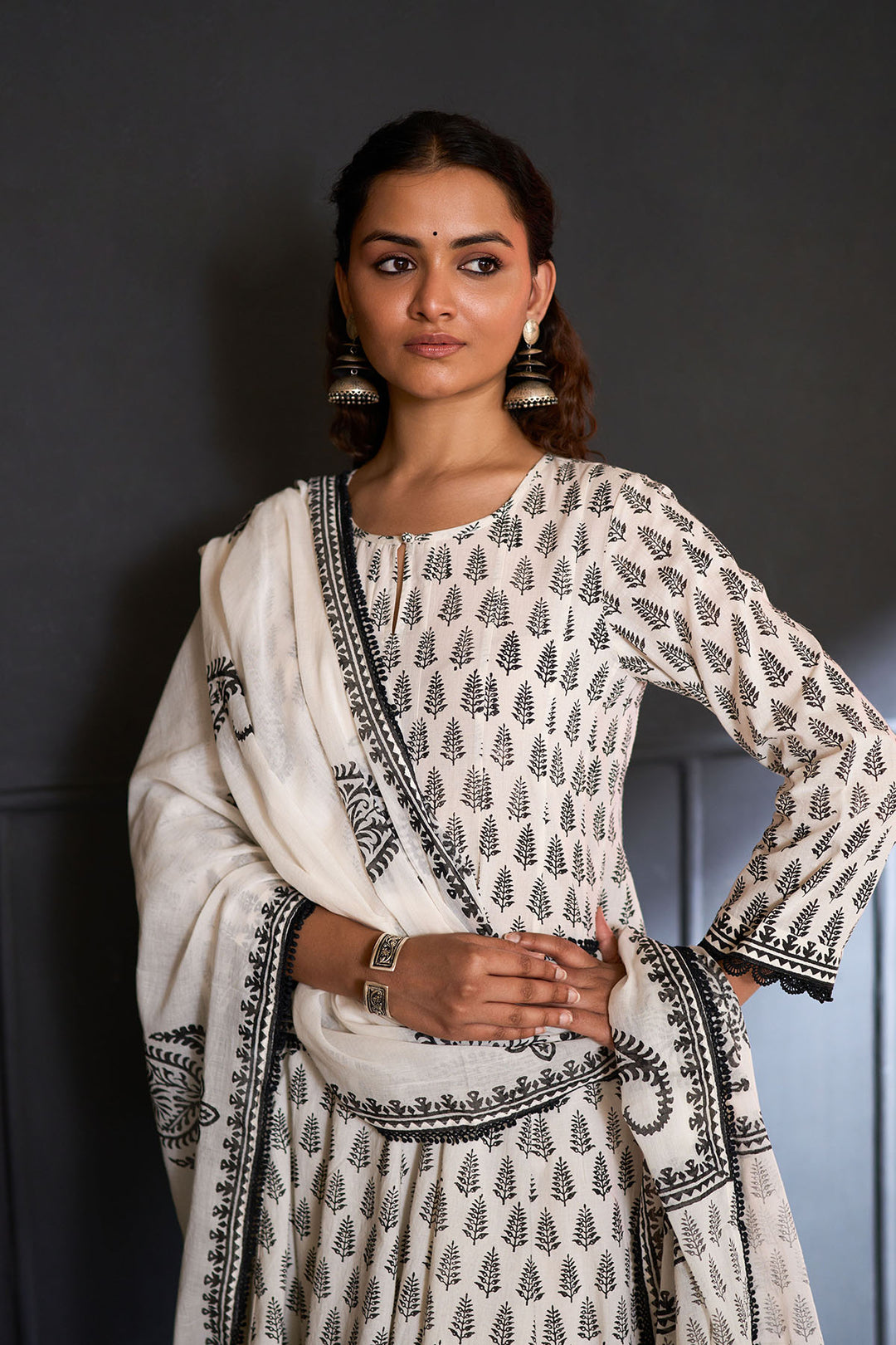 Siyahi off white block printed anarkali with solid palazzo and printed dupatta ( set of 3 )