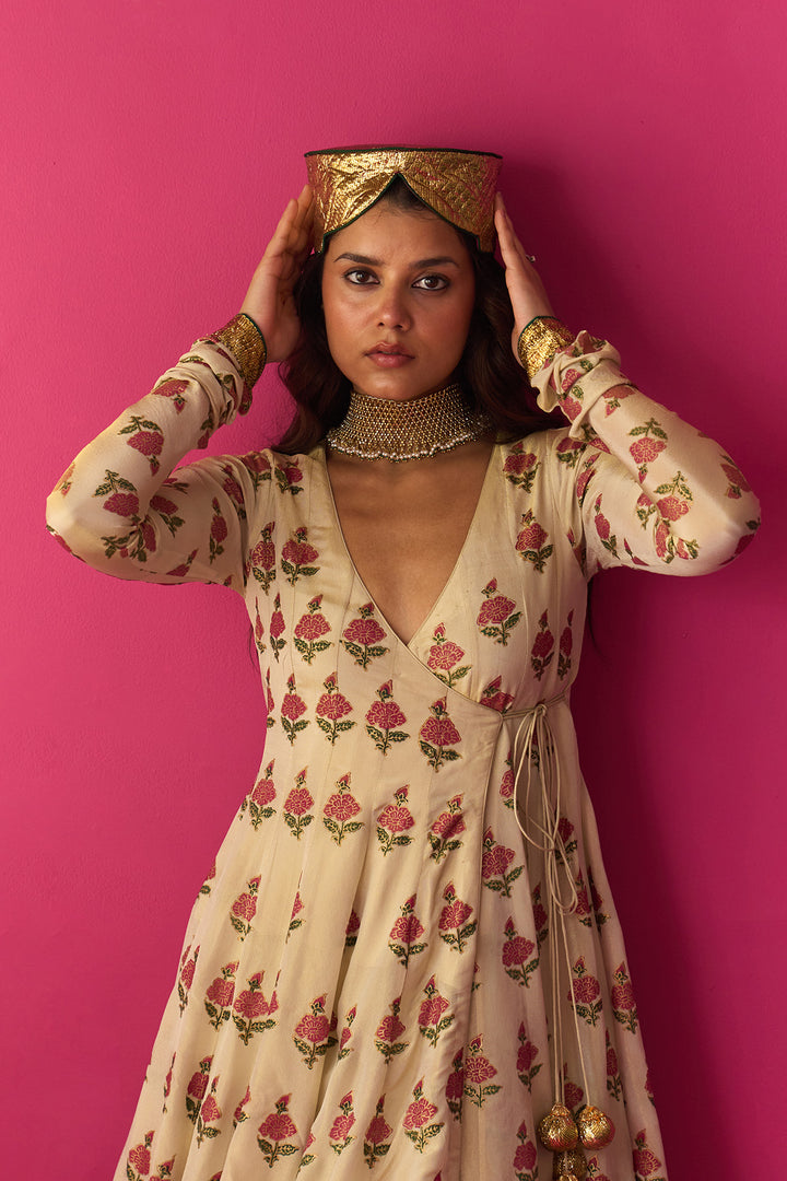 Nur Ivory block printed angrakha with sharara and dupatta (set of 3)