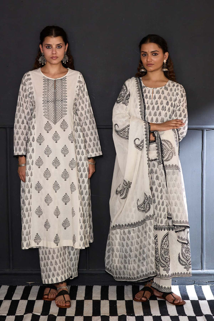 Siyahi off white Block printed side gather kurta with palazzo and printed dupatta ( set of 3 )