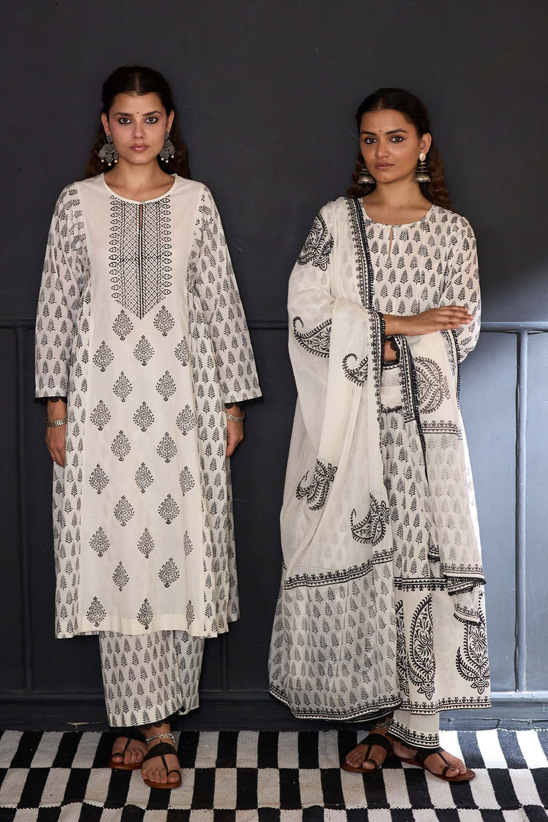 Siyahi off white block printed anarkali with solid palazzo and printed dupatta ( set of 3 )