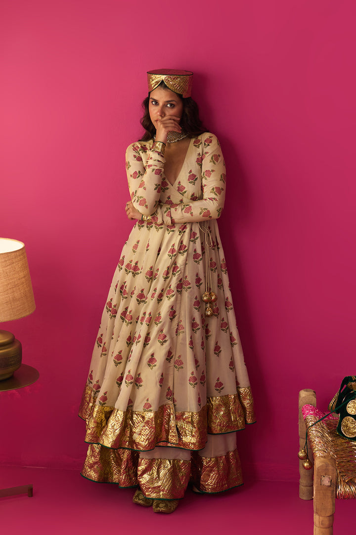 Nur Ivory block printed angrakha with sharara and dupatta (set of 3)