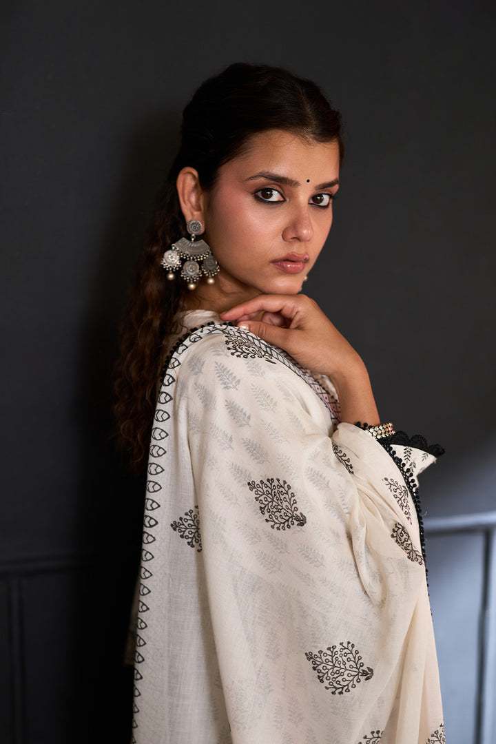 Siyahi off white block printed anarkali with solid palazzo and printed dupatta ( set of 3 )