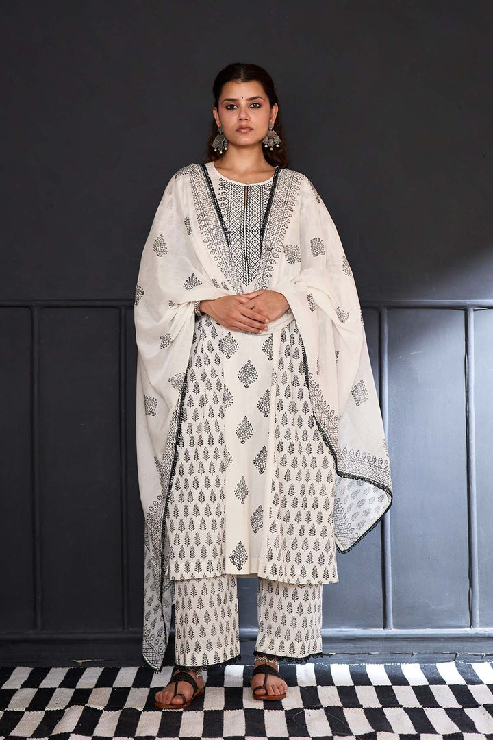 Siyahi off white Block printed side gather kurta with palazzo and printed dupatta ( set of 3 )