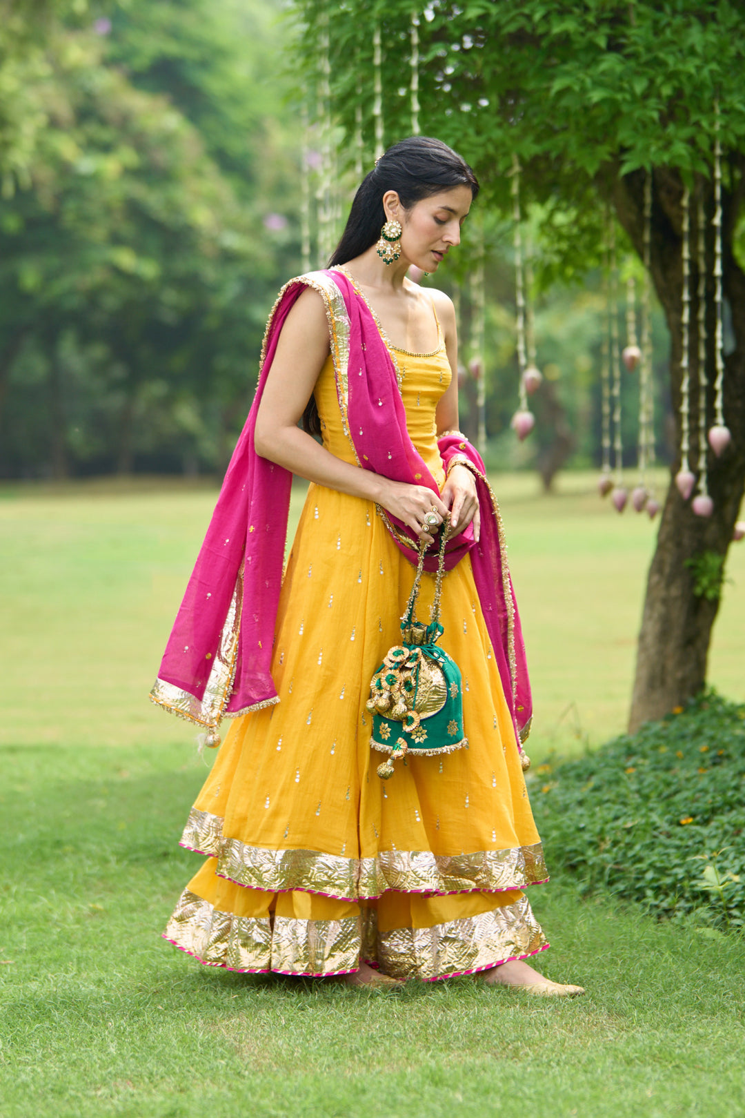 Phillauri Vol 3 mustard anarkalii with sharara with pink dupatta