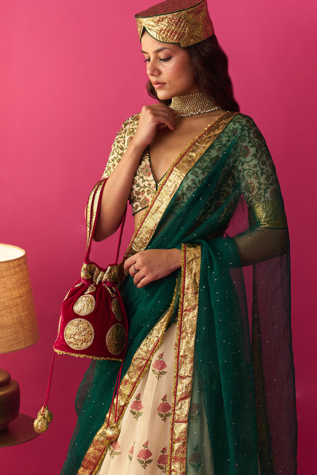 Nur pink gota embroidered potli bag