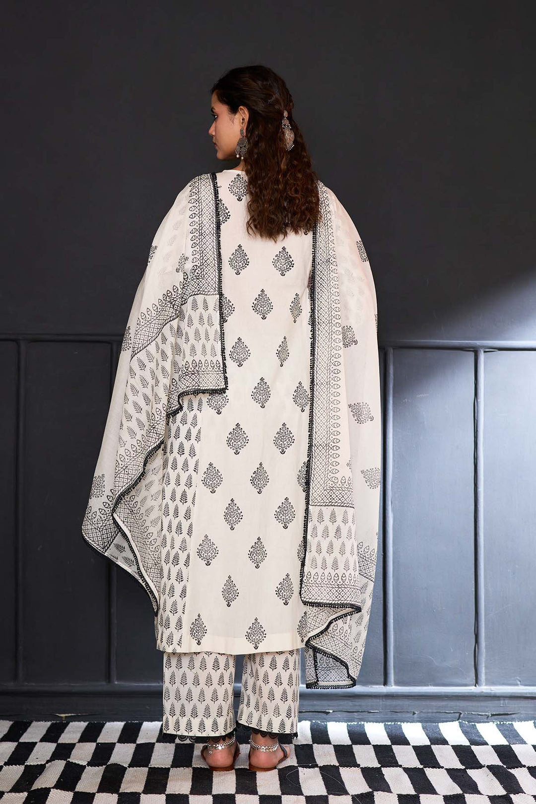 Siyahi off white Block printed side gather kurta with palazzo and printed dupatta ( set of 3 )