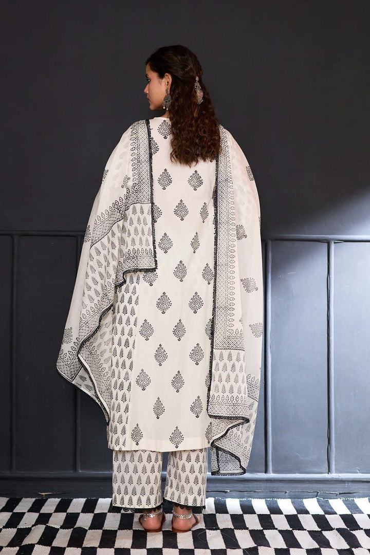 Siyahi off white Block printed side gather kurta with palazzo and printed dupatta ( set of 3 )