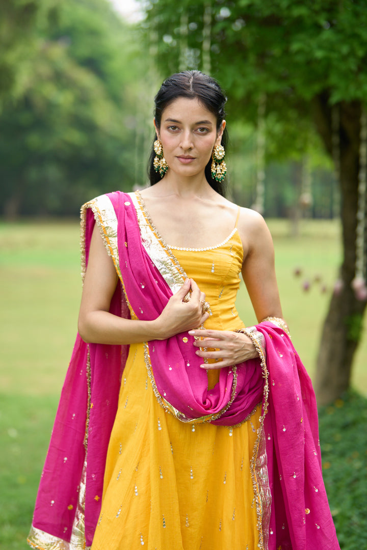 Phillauri Vol 3 mustard anarkalii with sharara with pink dupatta