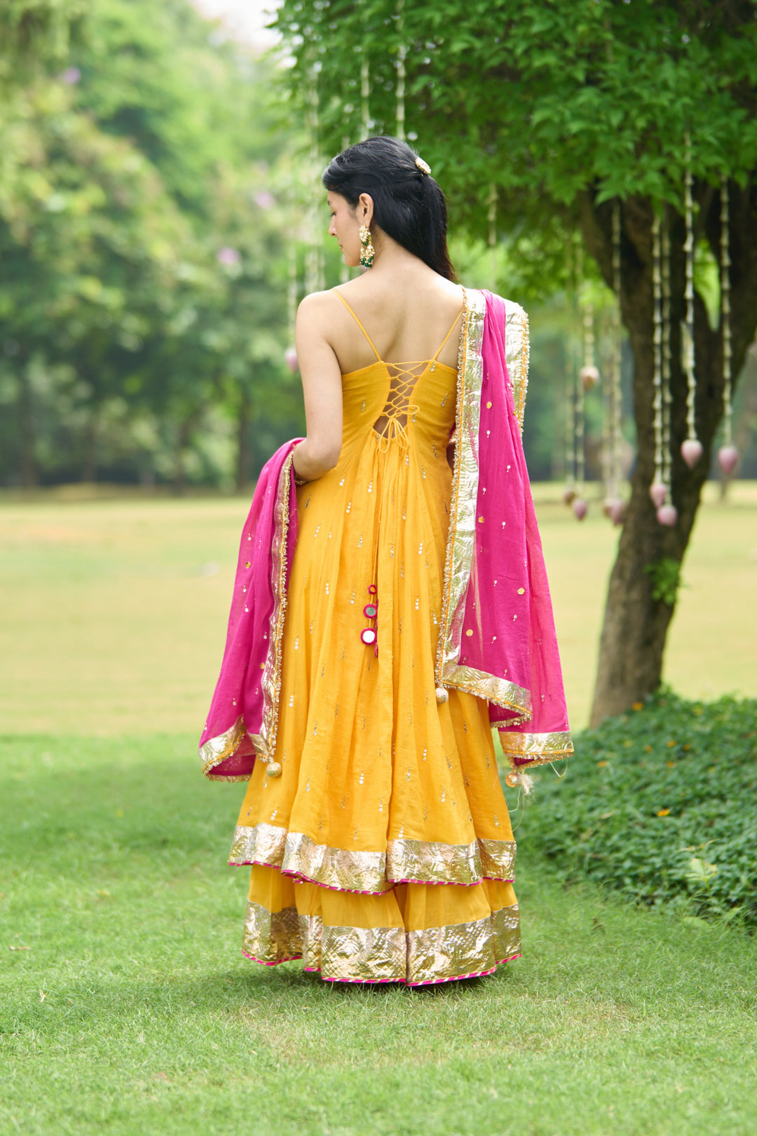 Phillauri Vol 3 mustard anarkalii with sharara with pink dupatta