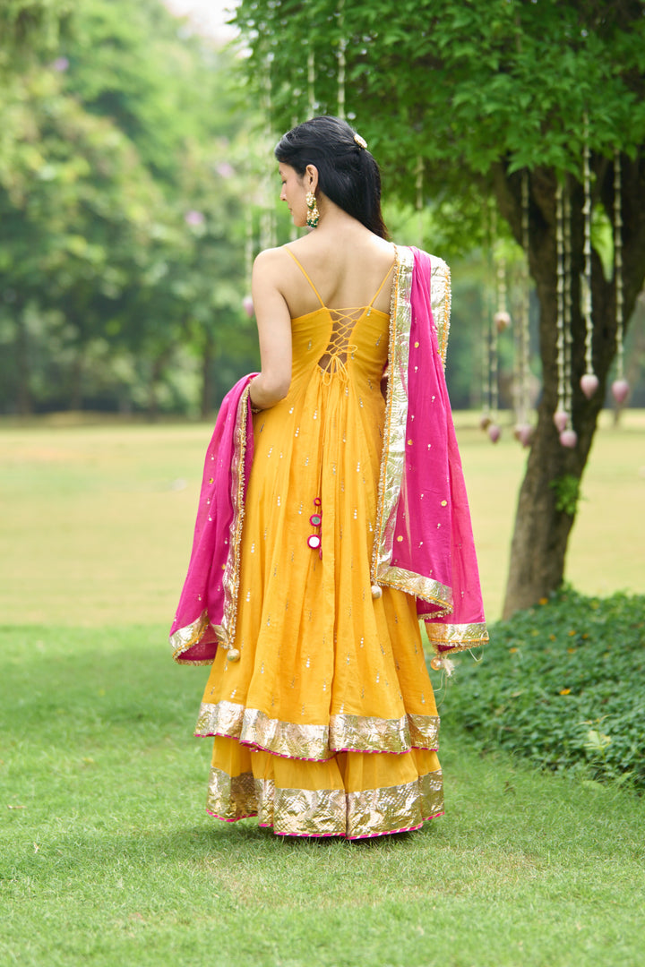 Phillauri Vol 3 mustard anarkalii with sharara with pink dupatta