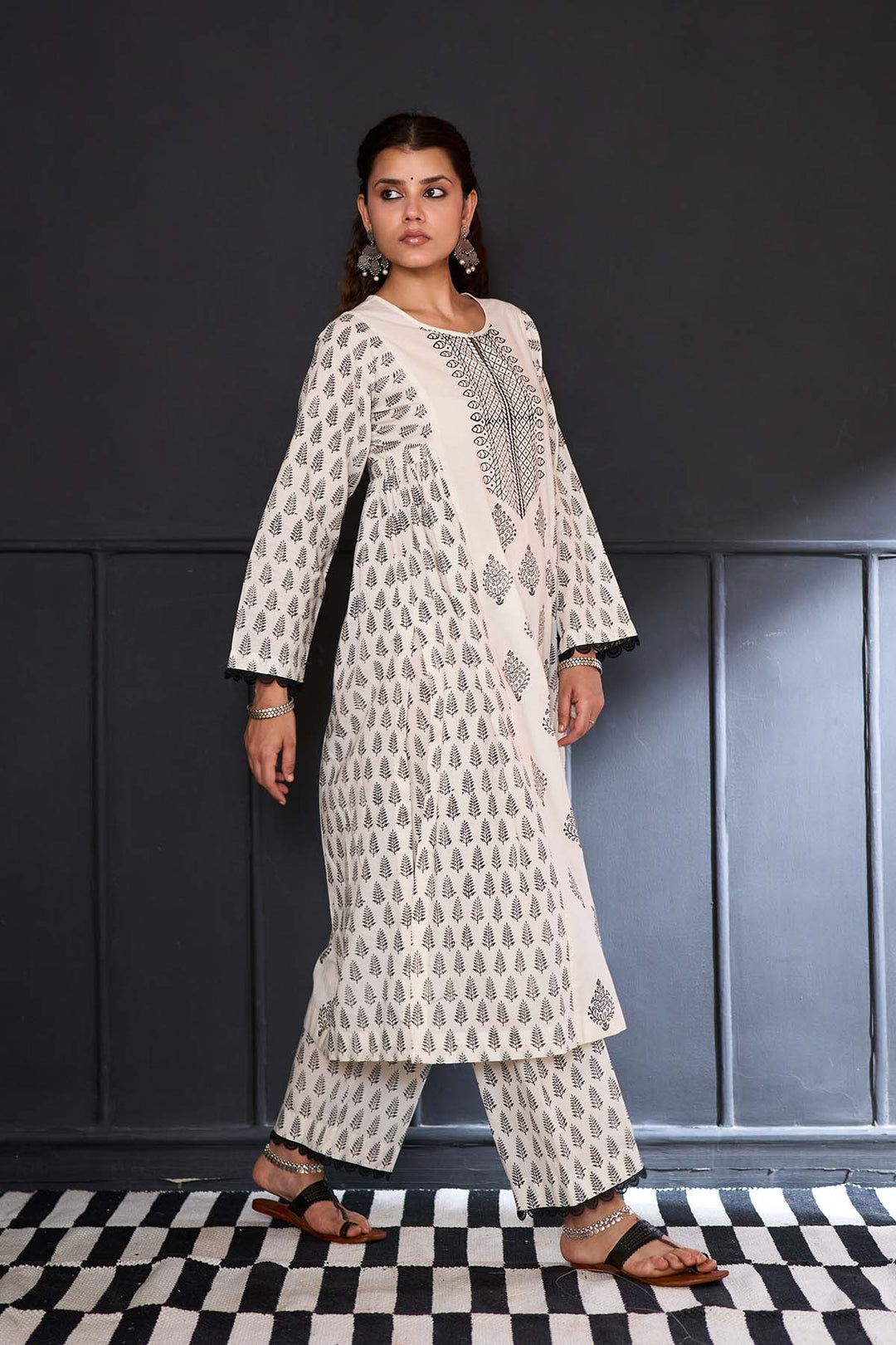 Siyahi off white Block printed side gather kurta with palazzo and printed dupatta ( set of 3 )