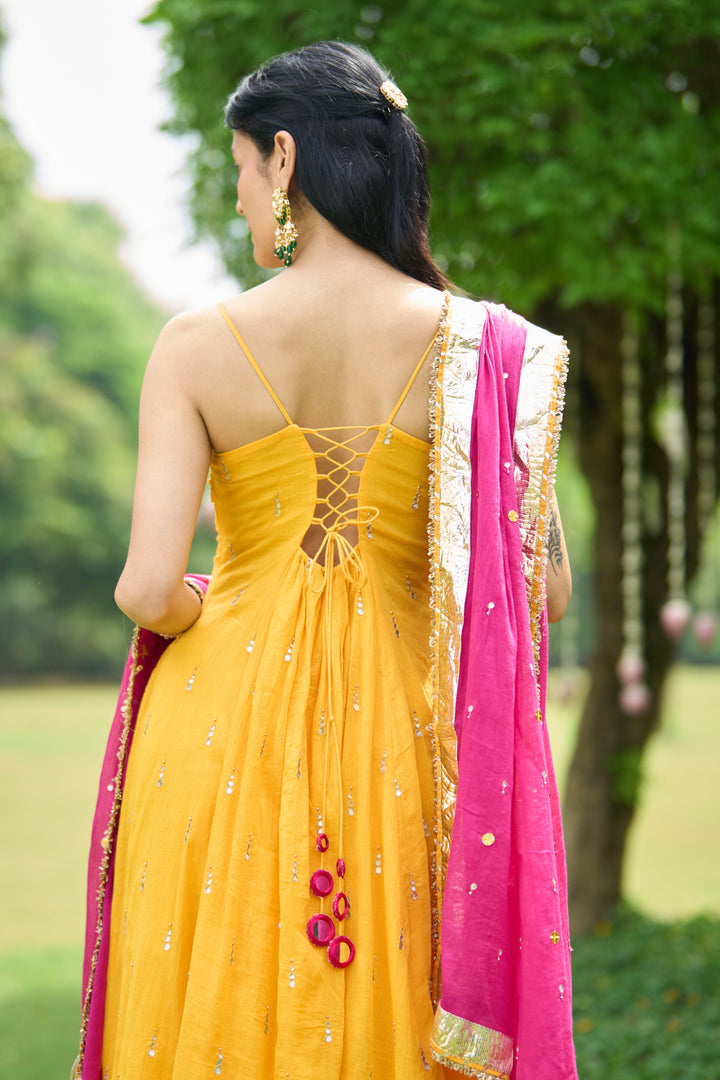 Phillauri Vol 3 mustard anarkalii with sharara with pink dupatta