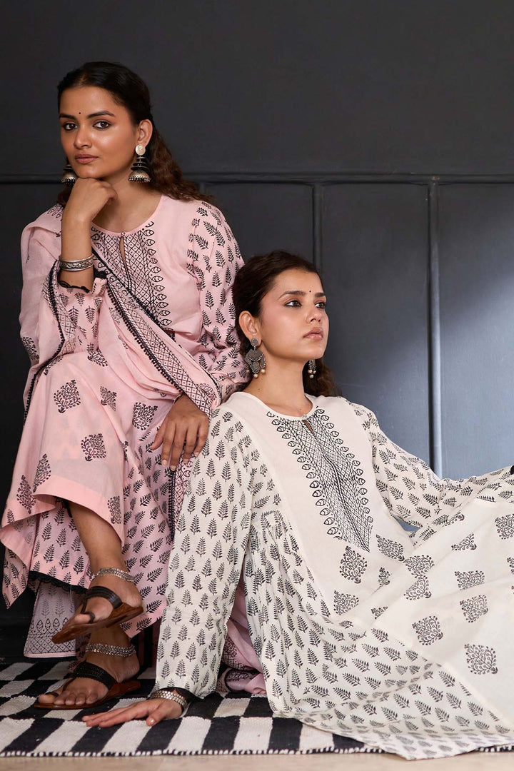 Siyahi off white Block printed side gather kurta with palazzo and printed dupatta ( set of 3 )
