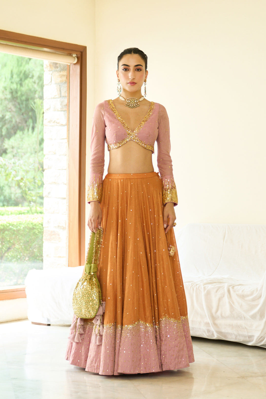 Saanjh sequins pink lehenga with blouse and dupatta ( set of 3)