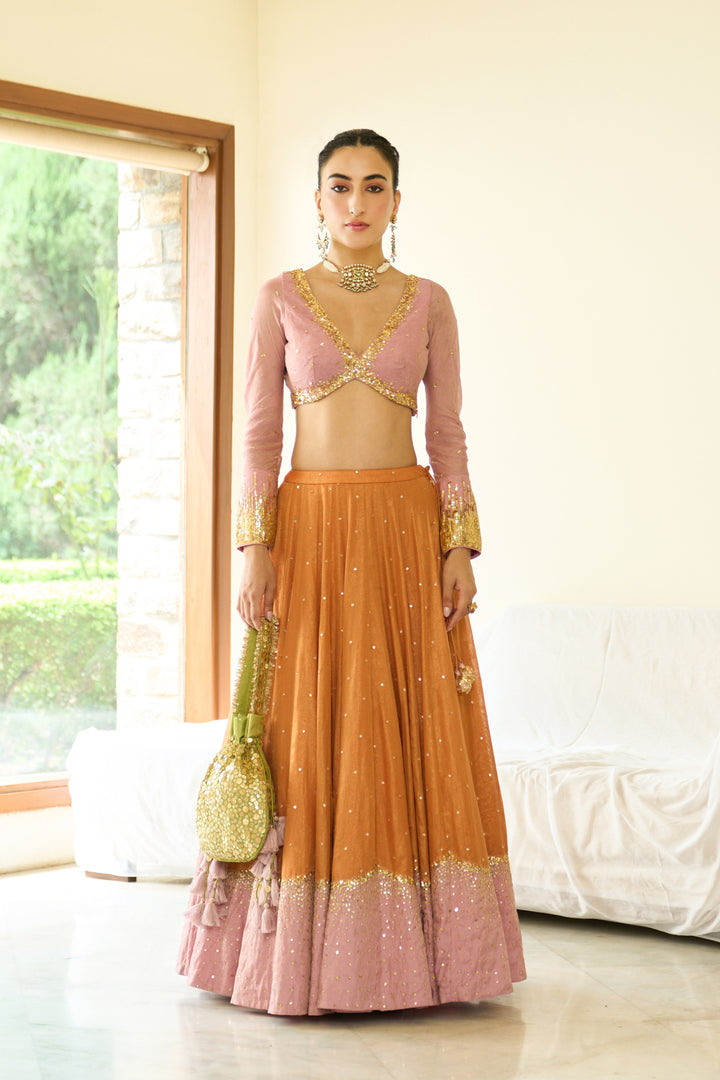Saanjh sequins pink lehenga with blouse and dupatta ( set of 3)