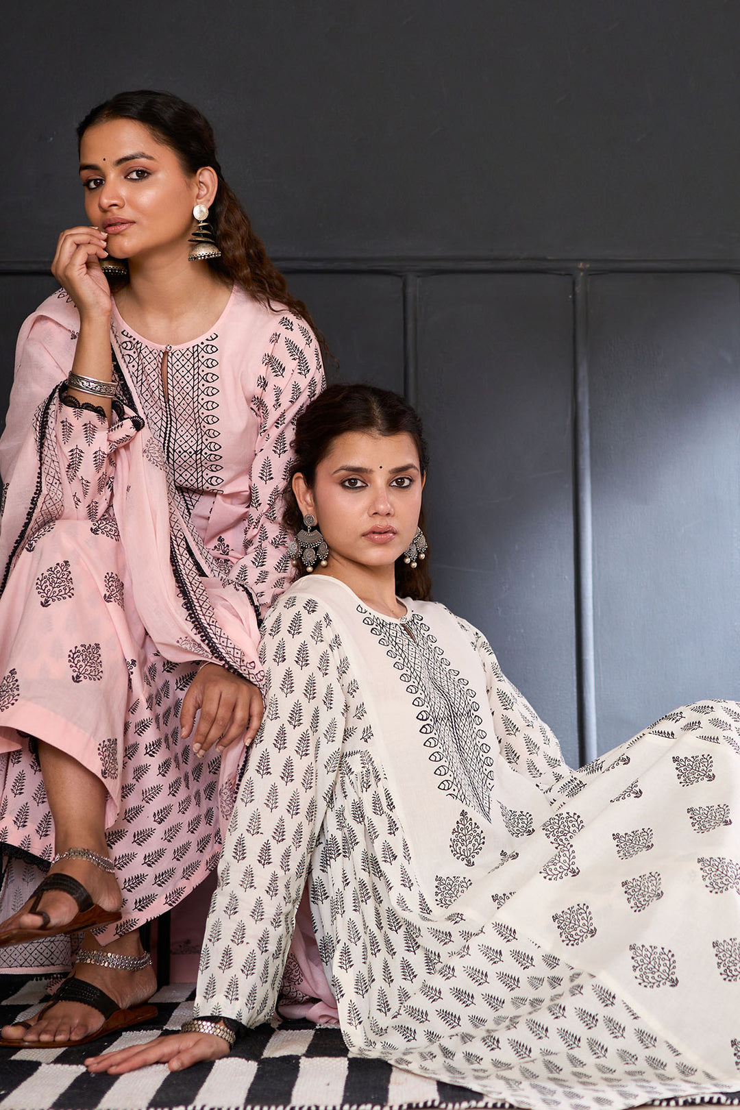 Siyahi off white Block printed side gather kurta with palazzo and printed dupatta ( set of 3 )