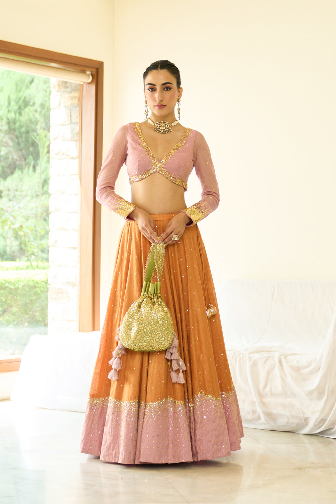 Saanjh sequins pink lehenga with blouse and dupatta ( set of 3)