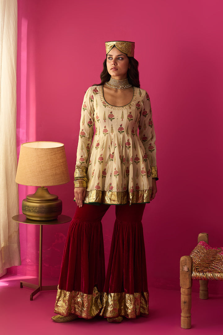 Nur Ivory block printed short anarkali with silk velvet garara and dupatta (set of 3)