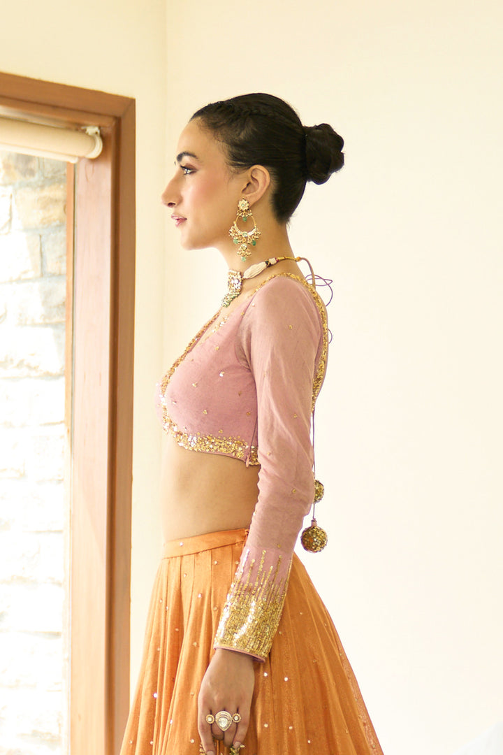 Saanjh sequins pink lehenga with blouse and dupatta ( set of 3)