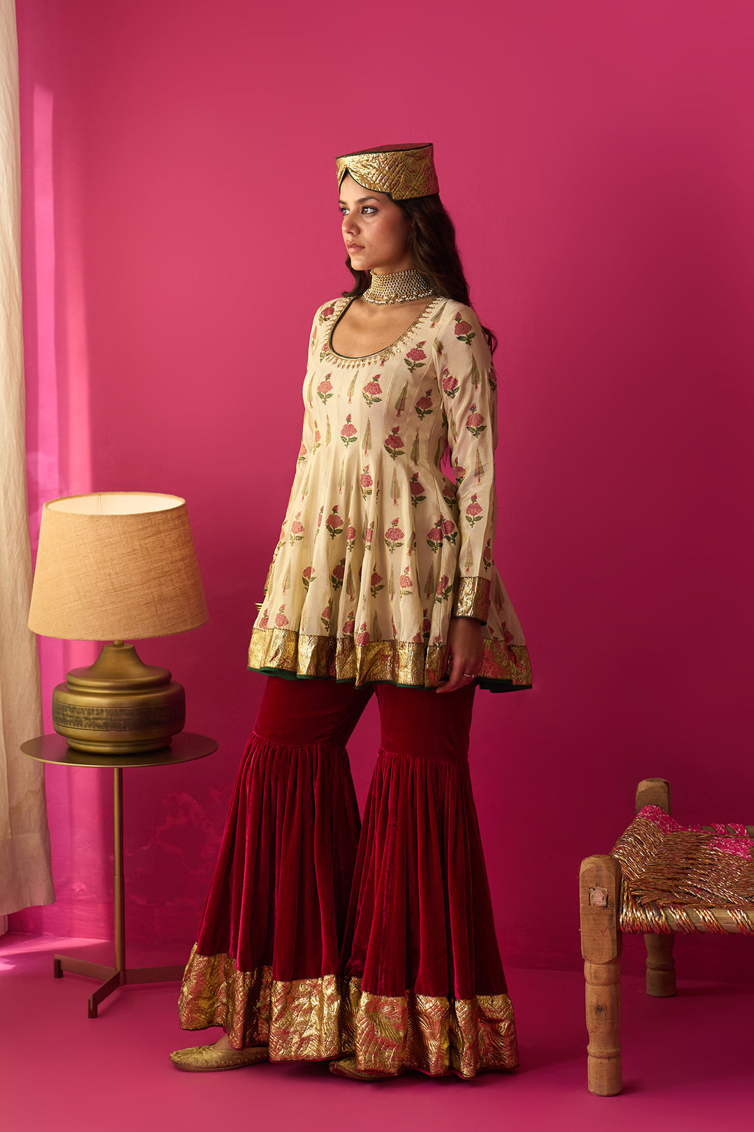 Nur Ivory block printed short anarkali with silk velvet garara and dupatta (set of 3)