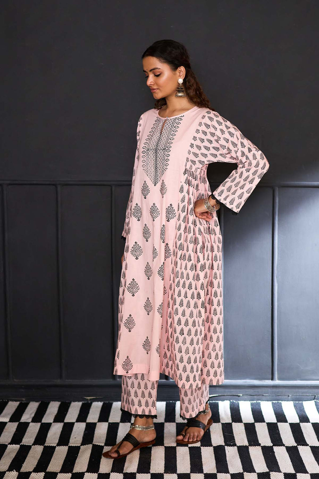 Siyahi soft pink Block printed side gather kurta with palazzo and printed dupatta ( set of 3 )
