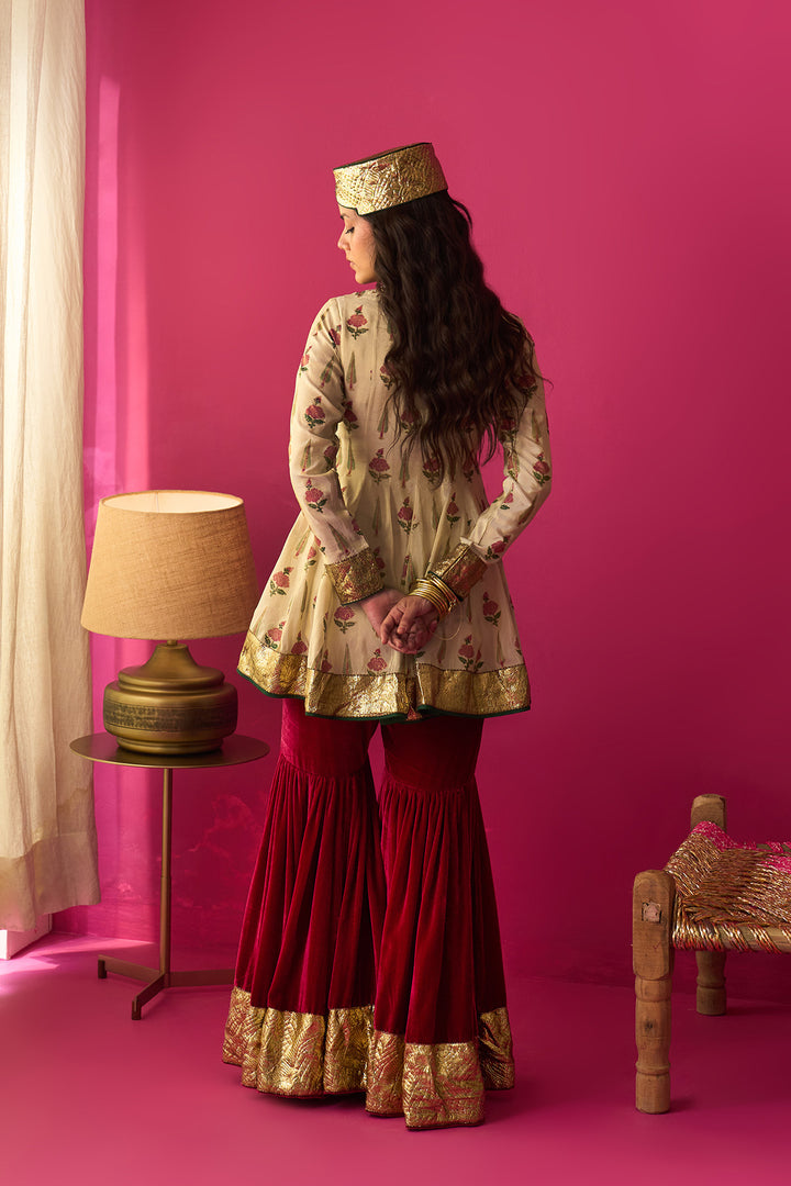 Nur Ivory block printed short anarkali with silk velvet garara and dupatta (set of 3)