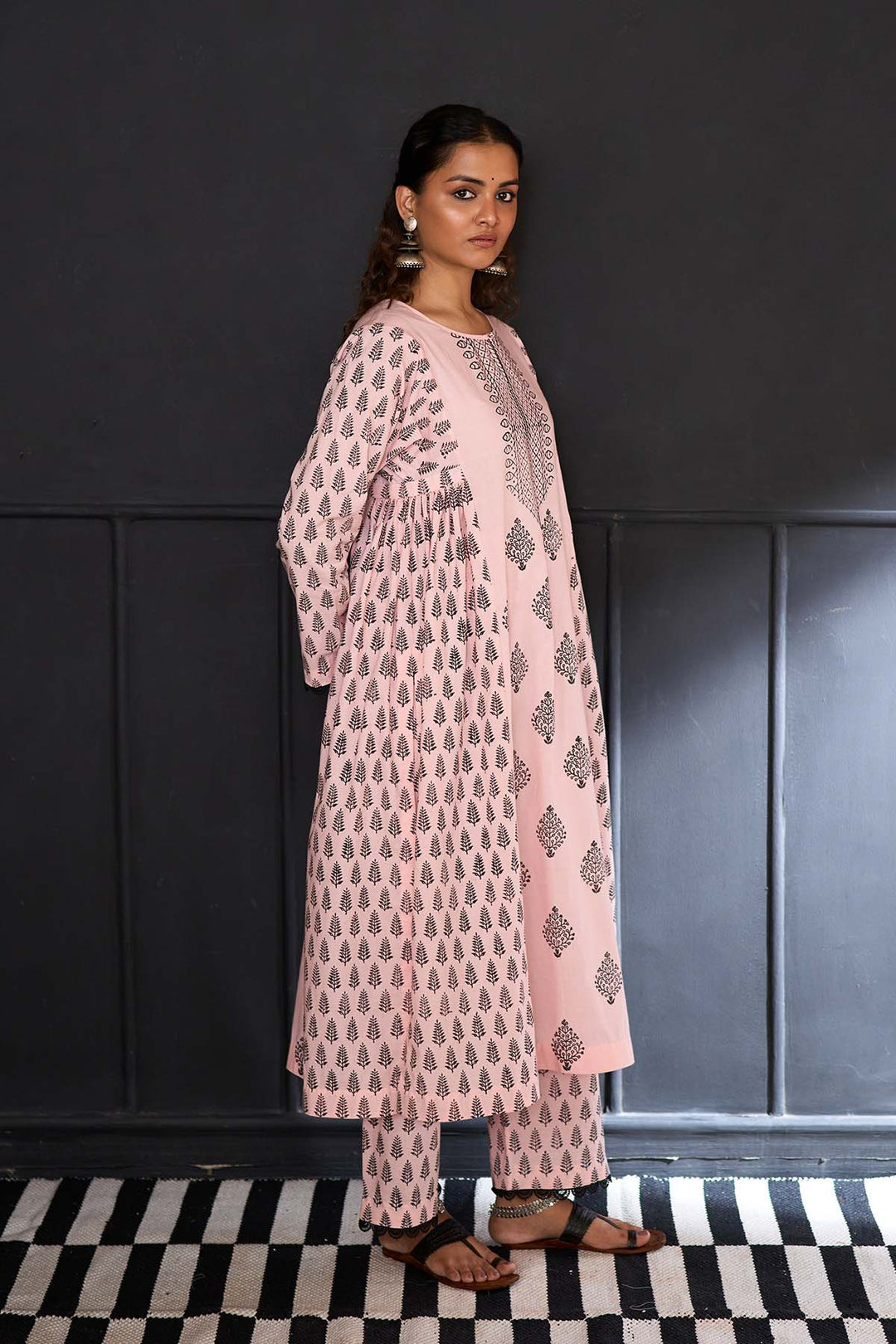 Siyahi soft pink Block printed side gather kurta with palazzo and printed dupatta ( set of 3 )
