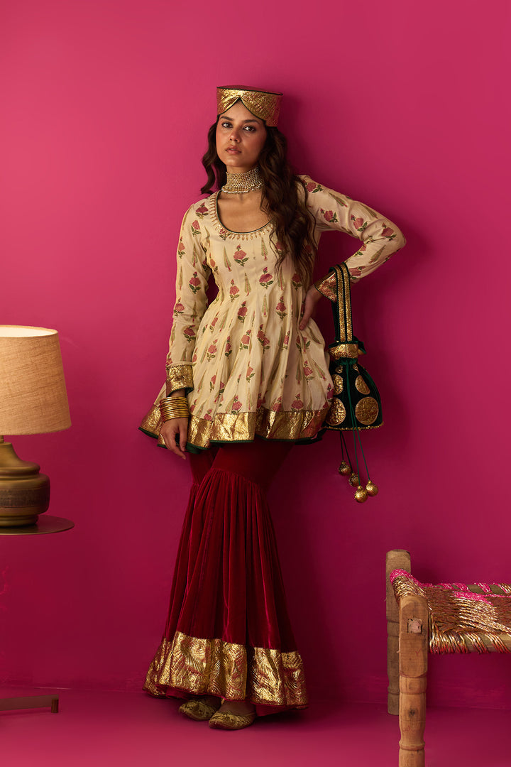 Nur Ivory block printed short anarkali with silk velvet garara and dupatta (set of 3)