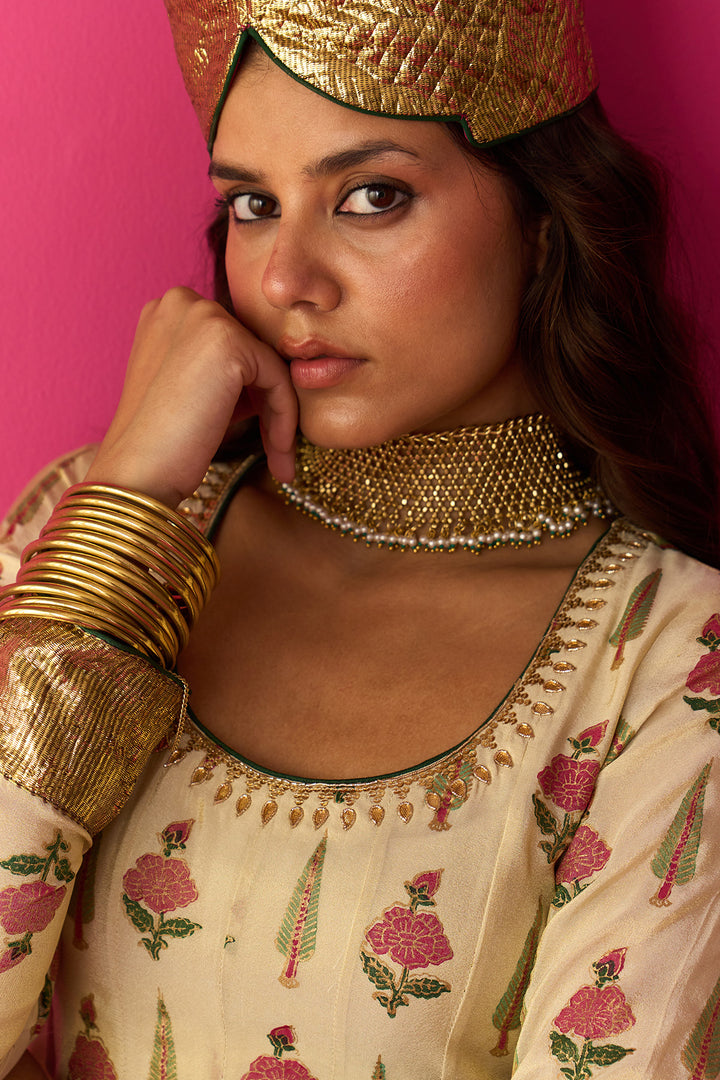 Nur Ivory block printed short anarkali with silk velvet garara and dupatta (set of 3)