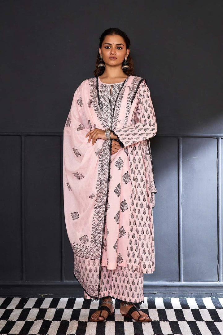 Siyahi soft pink Block printed side gather kurta with palazzo and printed dupatta ( set of 3 )
