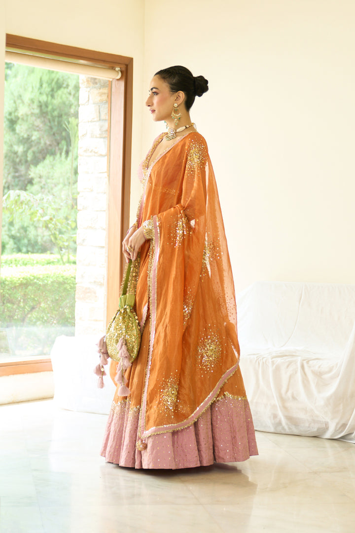 Saanjh sequins pink lehenga with blouse and dupatta ( set of 3)