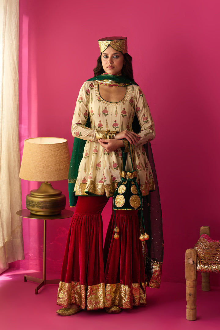 Nur Ivory block printed short anarkali with silk velvet garara and dupatta (set of 3)