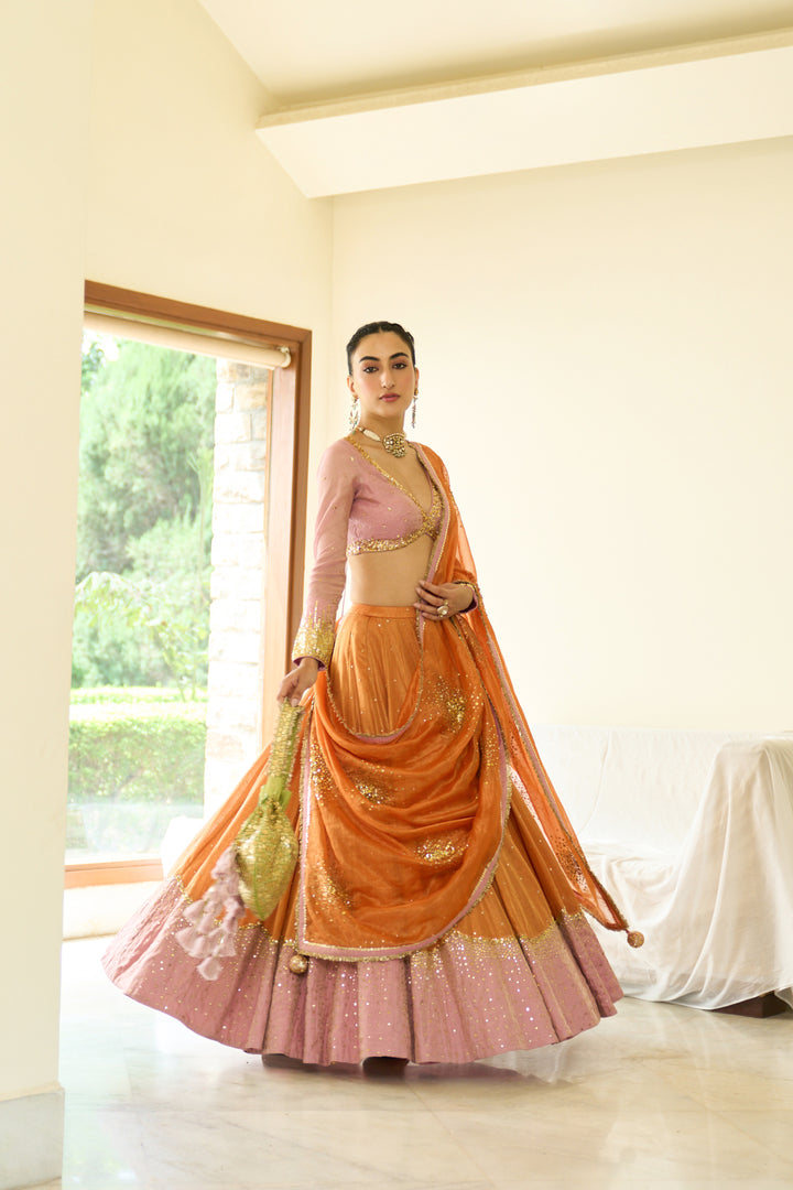 Saanjh sequins pink lehenga with blouse and dupatta ( set of 3)