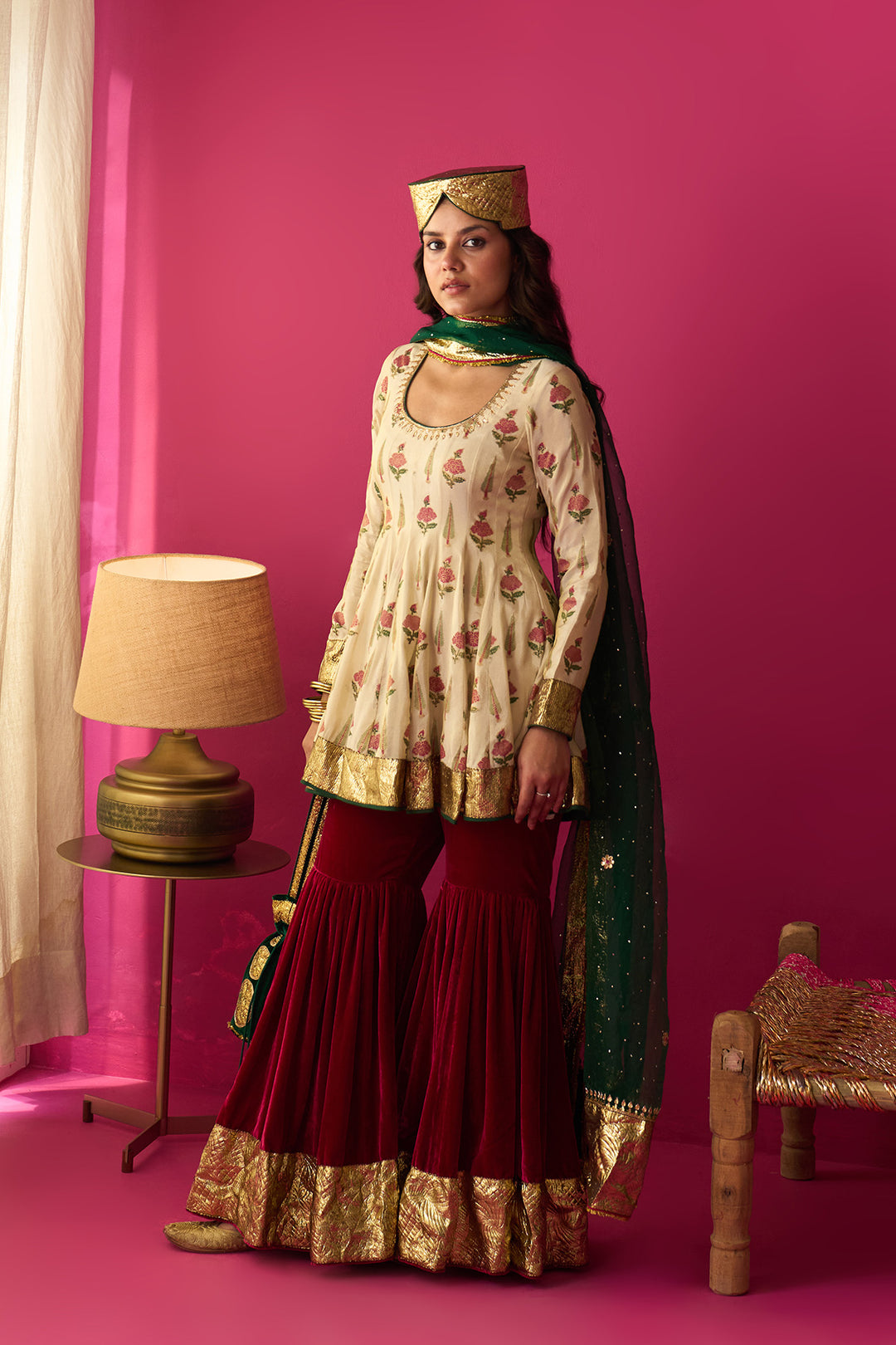 Nur Ivory block printed short anarkali with silk velvet garara and dupatta (set of 3)