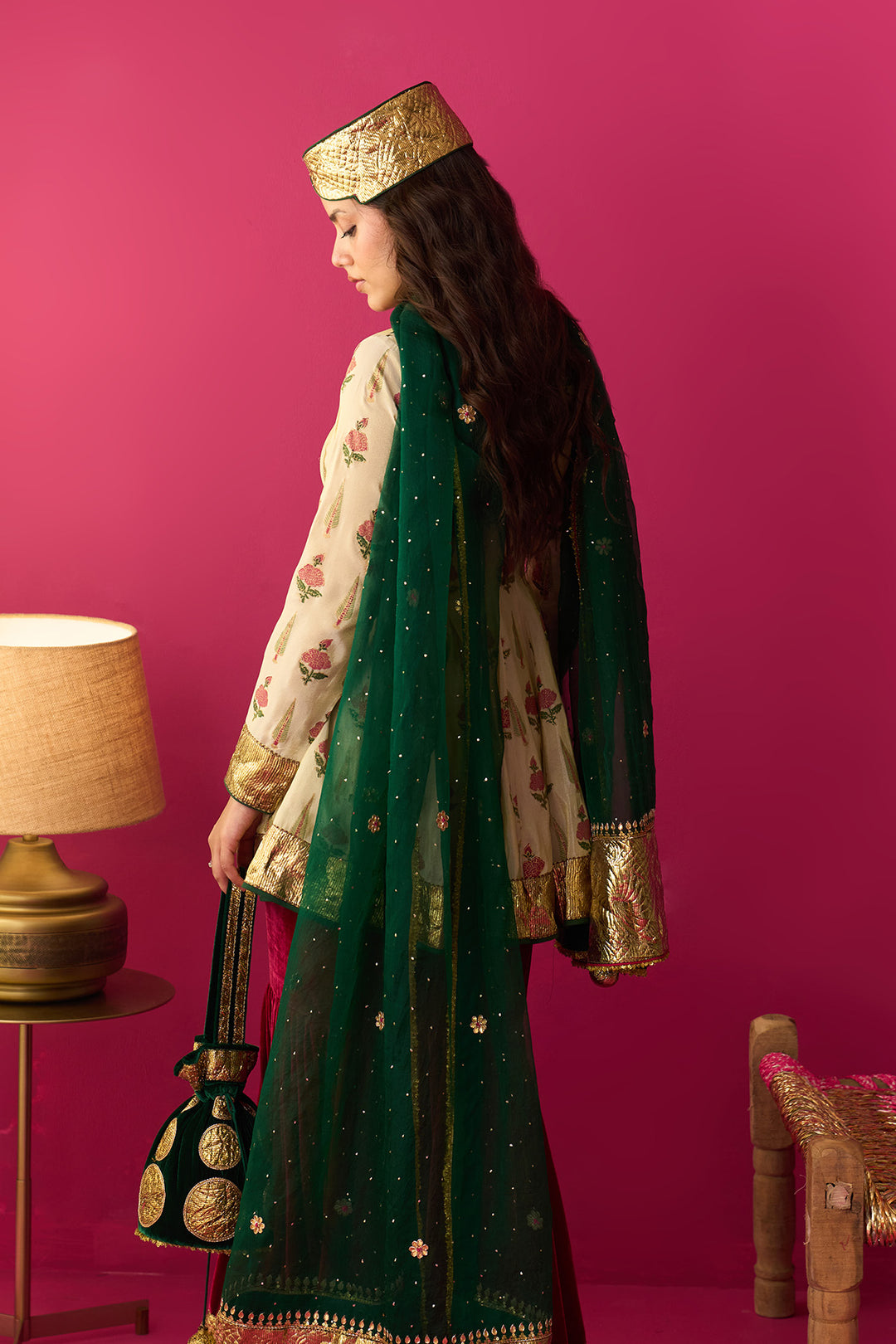 Nur Ivory block printed short anarkali with silk velvet garara and dupatta (set of 3)