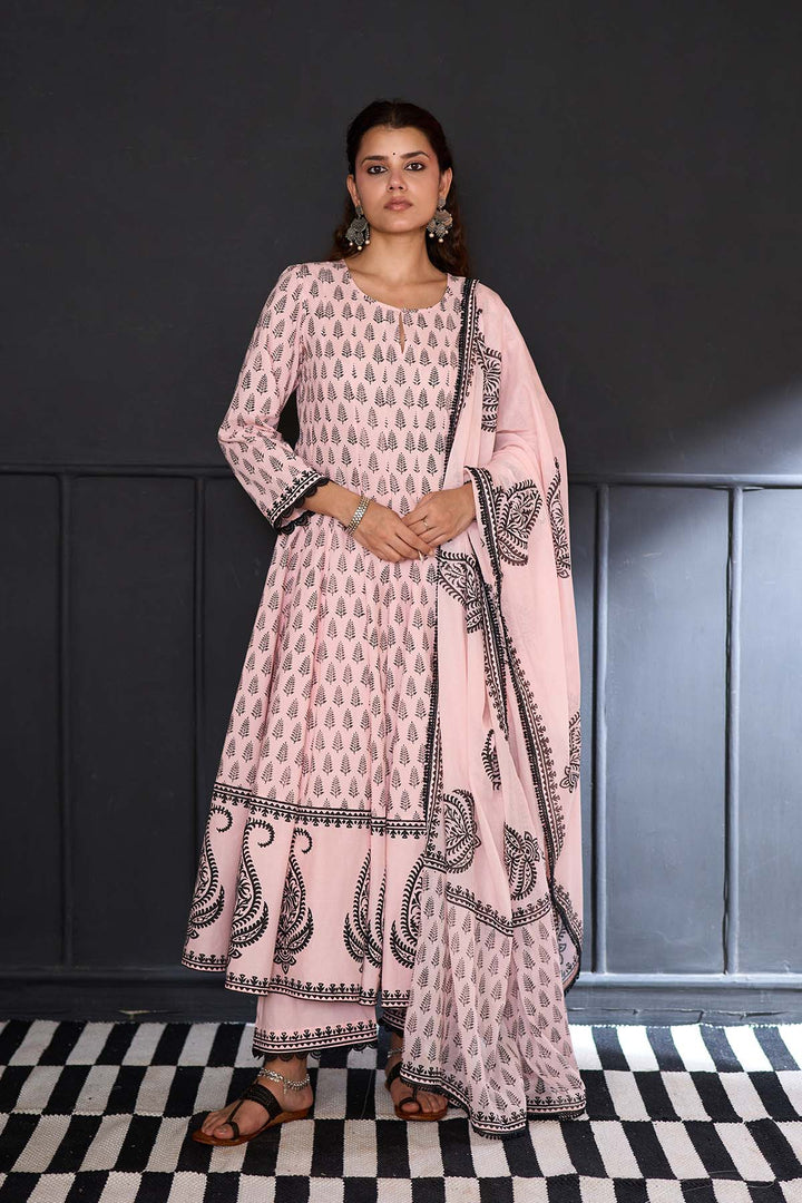 Siyahi soft pink block printed anarkali with solid palazzo and printed dupatta ( set of 3 )