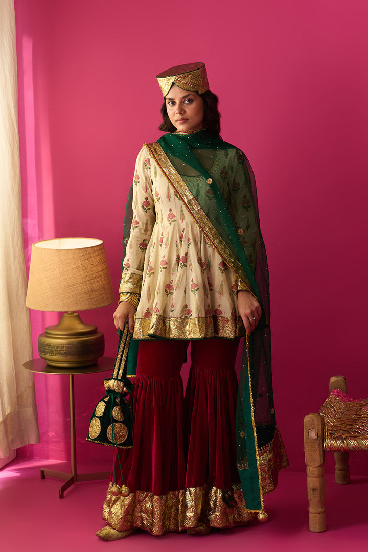 Nur Ivory block printed short anarkali with silk velvet garara and dupatta (set of 3)