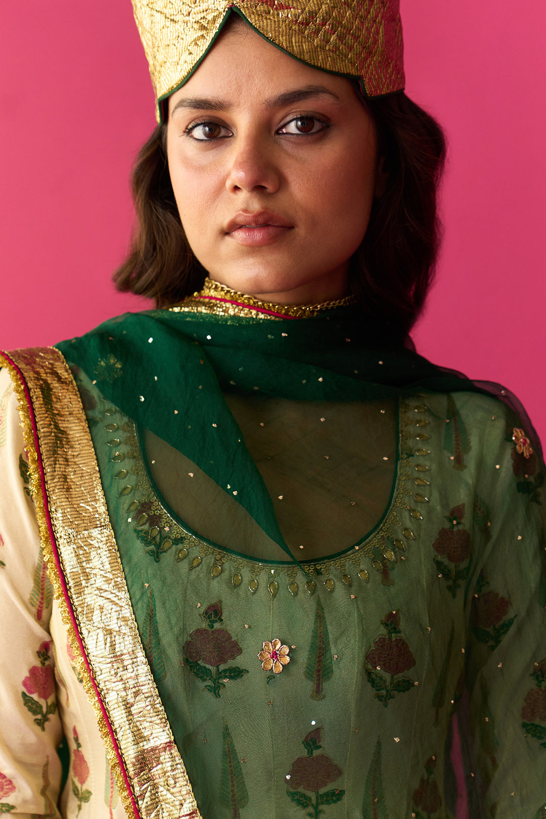 Nur Ivory block printed short anarkali with silk velvet garara and dupatta (set of 3)